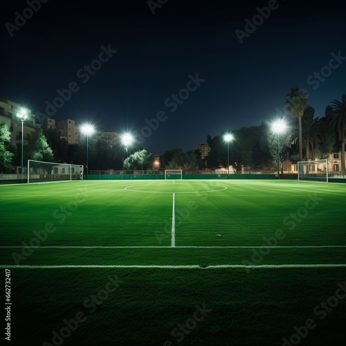 Stadium with green grass in the evening lights background