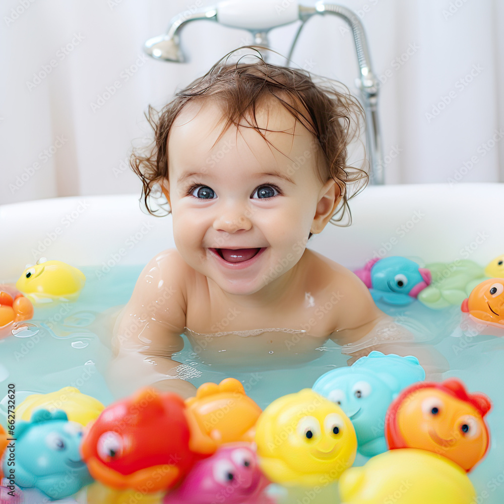 Cute baby in bathtub, bright colors, smile on white background Cute baby in bathtub, bright colors, smile on white background