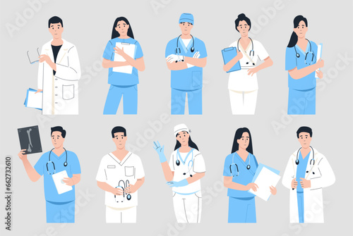 Doctor portraits. Cartoon medical practitioners in blue and white uniform and with stethoscopes, medical clinic doctors stuff. Vector set
