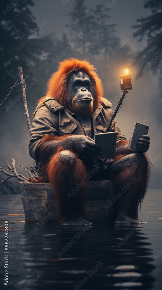 Orangutan fisherman fishing for nukes animal picture Ai generated art