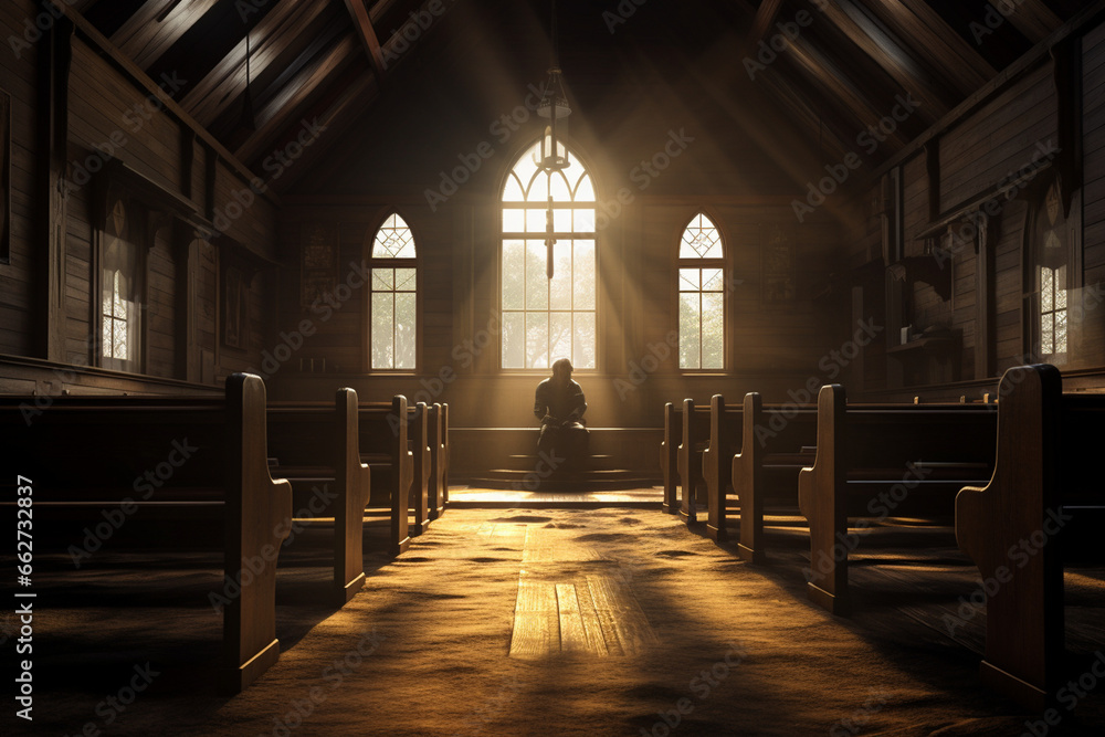 Fototapeta premium In the solitude of an empty church, Jesus sits in a pew, his presence radiating a sense of deep spirituality and grace within the tranquil sanctuary. 