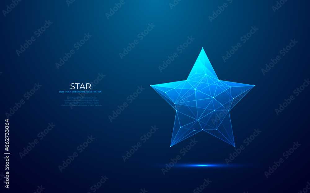 Digital star shape on technology blue background. Abstract light award tech symbol in a futuristic low poly wireframe style with a hologram blue effect. Polygonal top rank concept.  - obrazy, fototapety, plakaty 
