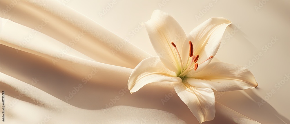 Single lily bloom on the pastel background. Minimalist wedding floral design with white lily flower.  - obrazy, fototapety, plakaty 