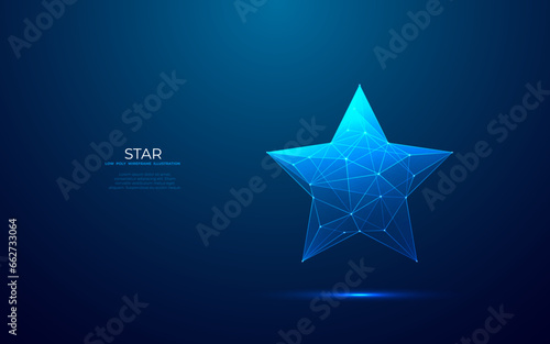 Digital star shape on technology blue background. Abstract light award tech symbol in a futuristic low poly wireframe style with a hologram blue effect. Polygonal top rank concept. 