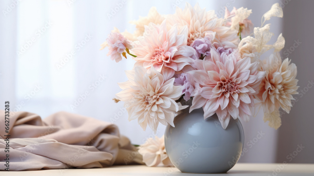 Beautiful dahlia or chrysanthemum flowers in a simple ceramic vase against the backdrop of a light simple interior - obrazy, fototapety, plakaty 