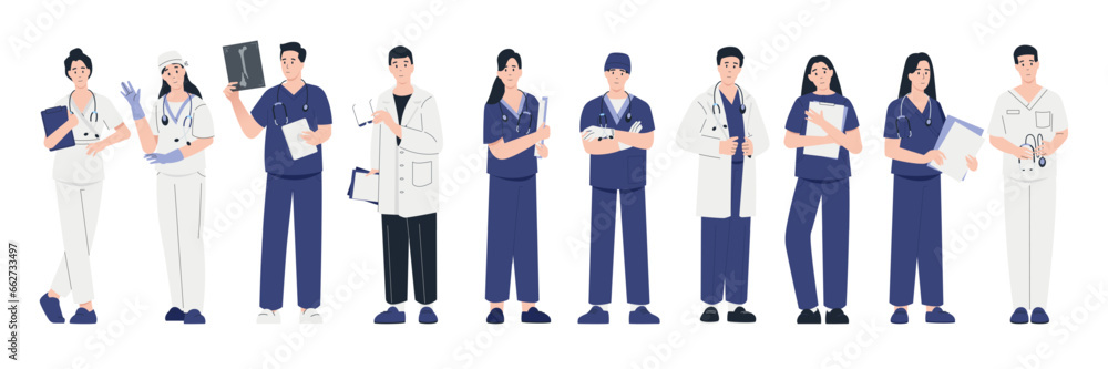 Doctors and medics. Cartoon medical workers in uniform giving treatment and care, medical clinic stuff with doctors and nurses in white coats. Vector set Doctors and medics. Cartoon medical workers in uniform giving treatment and care, medical clinic stuff with doctors and nurses in white coats. Vector set