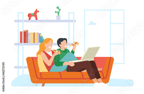 Couple eating pizza together. Man and woman sitting on couch. Friends rest. Dinner in living room. Cozy home relax. Unhealthy food. People on sofa. Family lifestyle. Vector concept