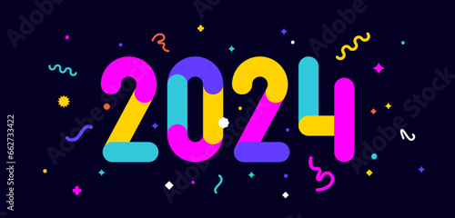 2024. Greeting card for Happy New Year, banner, poster and sticker, holiday geometric style with text 2024. Lettering card with holiday confetti, invitation card 2024, web banner. Vector Illustration