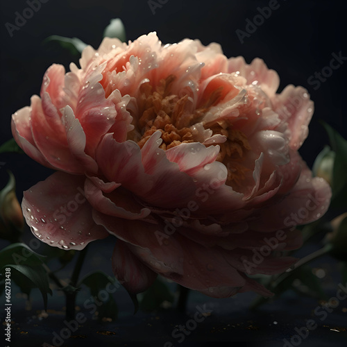 Beautiful peony flower on black background- closeup. Space for text