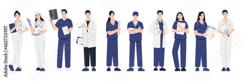 Doctors and medics. Cartoon medical workers in uniform giving treatment and care, medical clinic stuff with doctors and nurses in white coats. Vector set