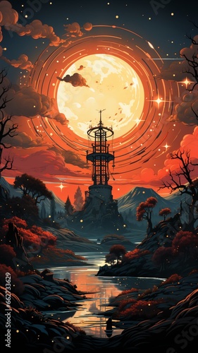 post apocalyptic hills with red sun illustration image Ai generated art