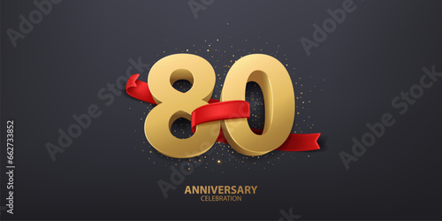 80th Year anniversary celebration background. 3D Golden number wrapped with red ribbon and confetti, isolated on dark background.

