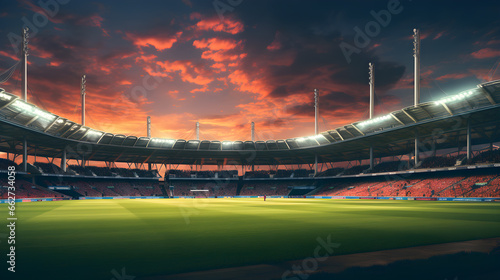 Sports stadium cinematic background wallpaper, cricket, football, baseball stadium background with cinematic clouds on background photo