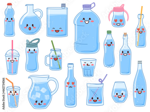 Cute water bottles. Liquid containers with happy smiling faces. Glass and plastic flasks. Ice cubes. Drinking tubes. Cup with straw. Cold beverage. Thirst quenching. Recent vector set