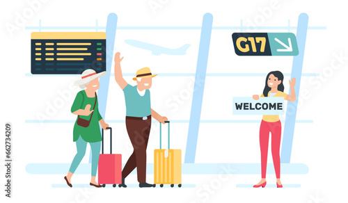Daughter meets her parents in arrivals terminal of airport. Airplane travel. Happy elderly couple. Grandparents with baggage. Senior family vacation. Aircraft passengers. Vector concept