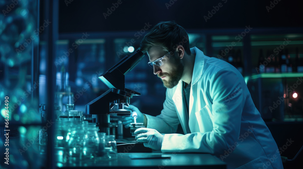 laboratory assistant looks into a microscope, test, research, scientist, doctor, infection, microbiology, virus, hospital, white coat, science, medicine, chemist, student, professor, institute, health