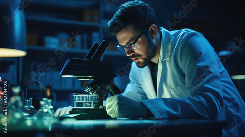 laboratory assistant looks into a microscope  test  research  scientist  doctor  infection  microbiology  virus  hospital  white coat  science  medicine  chemist  student  professor  institute  health