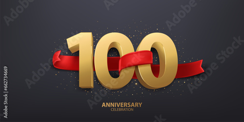 100th Year anniversary celebration background. 3D Golden number wrapped with red ribbon and confetti, isolated on dark background. photo