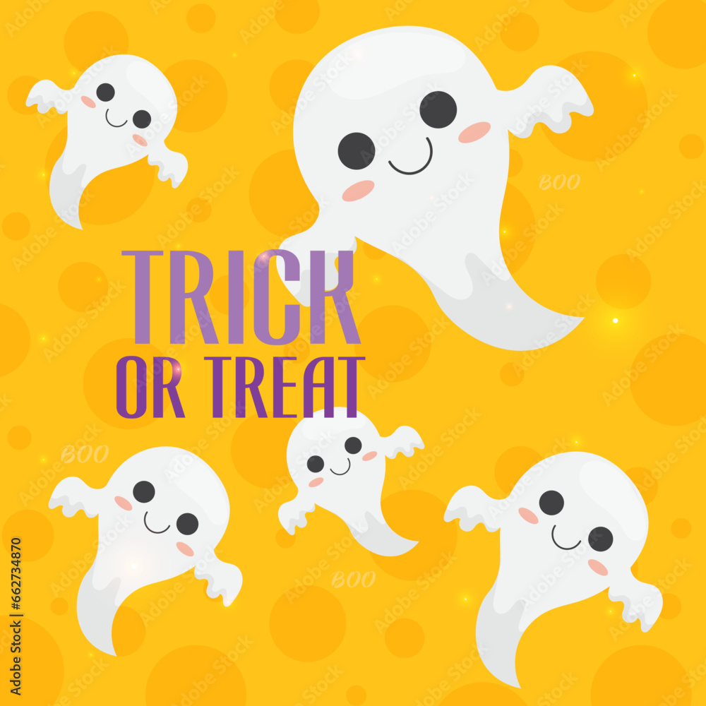 Naklejka premium Halloween cat with hat and ghosts vector illustration social media template