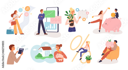 Financial literacy and management. People planning budget income. Proper money distribution. Persons invest in various life spheres. Piggy bank. Mortgage payment. Garish vector set