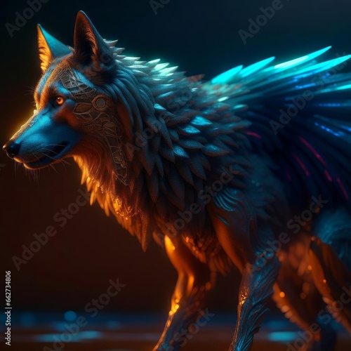Futuristic wolf with wings.