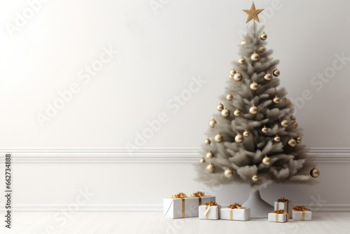 Christmas tree with golden baubles on white background. Copy space. Banner. Xmas greeting card. Generative AI. © svetlana_cherruty
