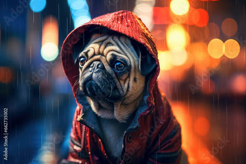 Sad pug dog as a man under rain walking by evening city street. Dressed in red slicker.