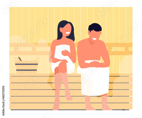 Girl and guy relaxing in hot sauna. Couple washing in Russian bathhouse. Hygiene and skin beauty. People sitting on wooden bench. Spa procedure. Relaxation and wellness. Vector concept