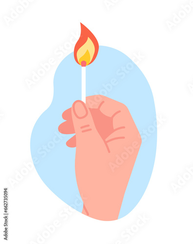 Hand holding burning match. Wooden stick with flammable Sulphur. Matchstick blazing. Bonfire danger. Flame ignition. Matchbook in human arm. Wood combustion. Igniting light. Vector concept