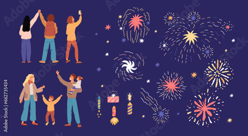 Happy people and fireworks. Festive explosive devices. Pyrotechnic items. Firecrackers and color lights. Holiday celebration. Joyful friends and parents with children. Garish vector set