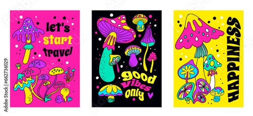 Wallpaper Mural Hippie mushroom posters. Magic acid fungi. Psychedelic colorful objects. Bright fantasy plants. Groovy vintage element. Hallucination fungus. Inspirational lettering. Garish vector set Torontodigital.ca