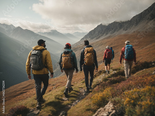 A diverse group of friends hiking in the mountains