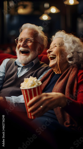 Senior couple laughing out loud while watching a comedy in the cinema, sharing popcorn and cherishing their time together