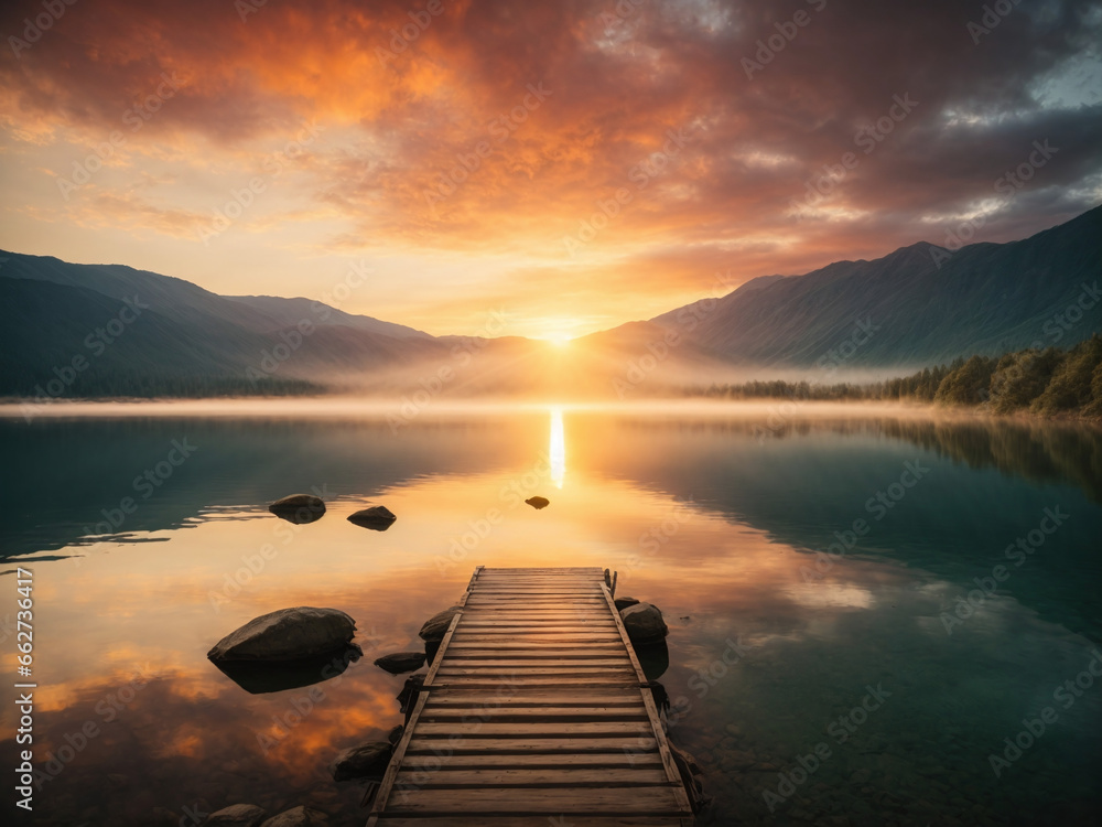 Breathtaking sunrise over a serene lake