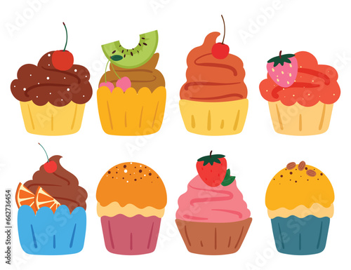 hand drawing cartoon cupcake collection sticker set. cute food and dessert sticker for kids, cute icon