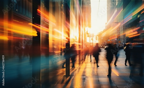 Blurred silhouettes of people moving in crowded night city street