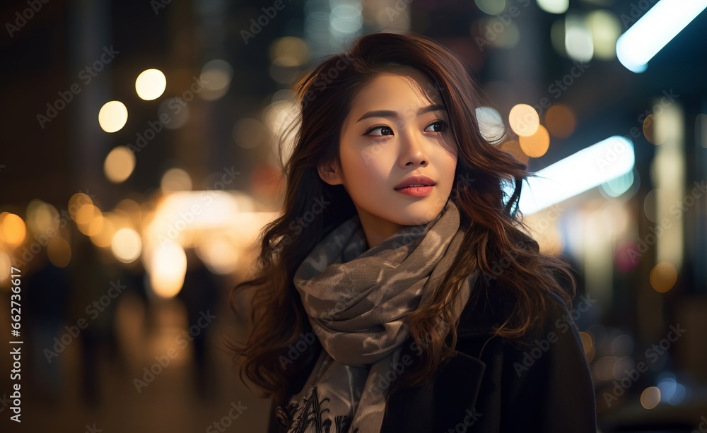  pretty asian women walk through downtown at night with blur background