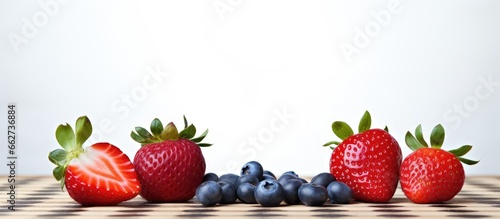 Checkered blueberry and strawberry pattern on table during picnic With copyspace for text