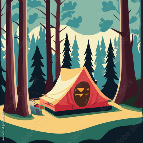 Tourist summer camping. Vector illustration of tents. Camping on a clearing in the forest. Flat style. Summer camp, nature tourism, camping, hiking, trekking.