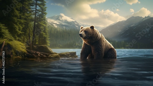 Beautiful bear is sitting by the river forest image Ai generated art photo