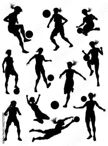 A set of female soccer football player women silhouettes