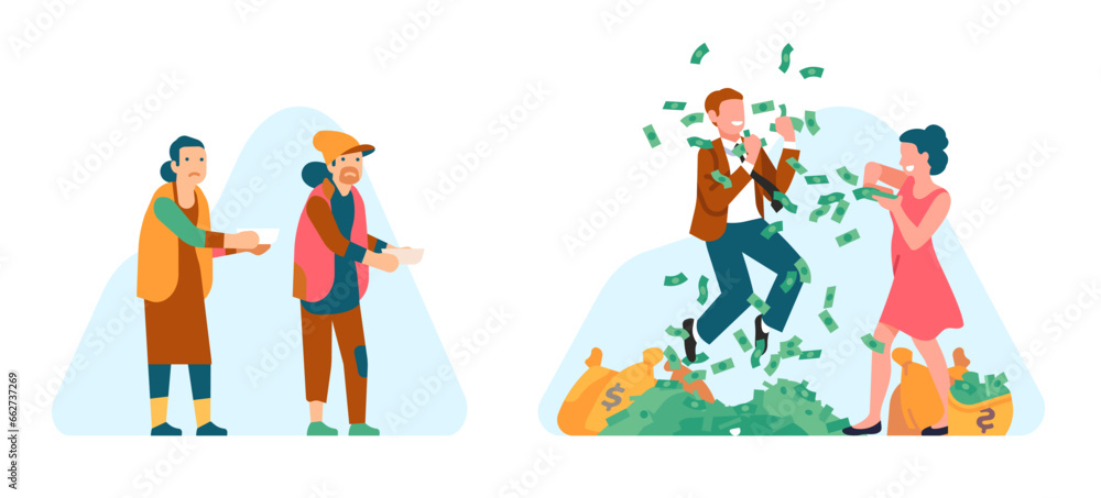 Money inequality between sad poor beggars and happy successful millionaires. Wealthy people with cash banknotes heap. Homeless man and woman asking alms. Business bankrupt. Vector concept Money inequality between sad poor beggars and happy successful millionaires. Wealthy people with cash banknotes heap. Homeless man and woman asking alms. Business bankrupt. Vector concept