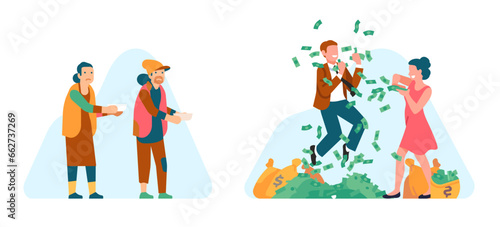 Money inequality between sad poor beggars and happy successful millionaires. Wealthy people with cash banknotes heap. Homeless man and woman asking alms. Business bankrupt. Vector concept