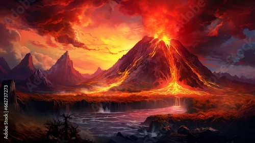 Beautiful color volcano lava sunset painting wallpaper image Ai generated art
