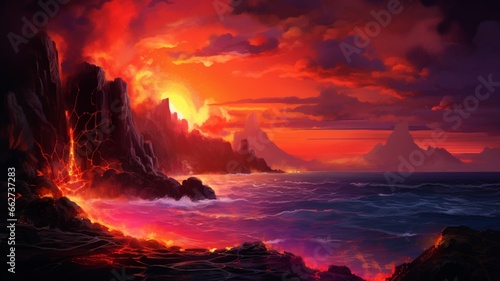 Beautiful color volcano lava sunset painting wallpaper image Ai generated art © Manik007