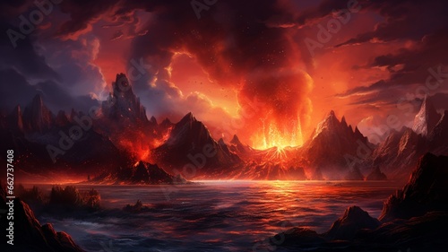 Beautiful color volcano lava sunset painting wallpaper image Ai generated art