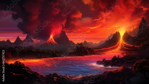 Beautiful color volcano lava sunset painting wallpaper picture Ai generated art