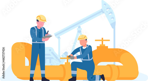 Oil petroleum industry. Worker turning pipeline valve. Petrol equipment. Petrochemical factory production. Fuel extraction. Engineer in uniform. Gasoline pump control. Vector concept