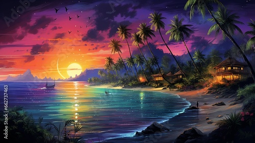 Beautiful colorful island night beach painting photography image Ai generated art © Manik007