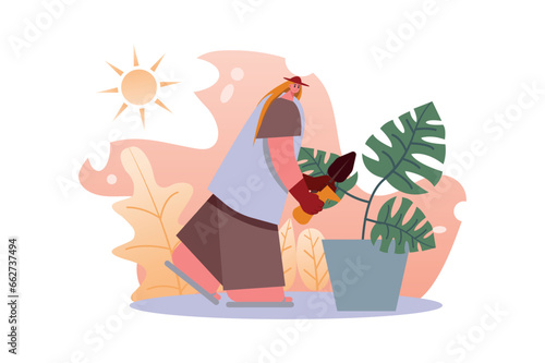 Replanting a plant and body positive concept with people scene in the flat cartoon style. A young girl takes care of house plants and transplants them into beautiful pots. Vector illustration.